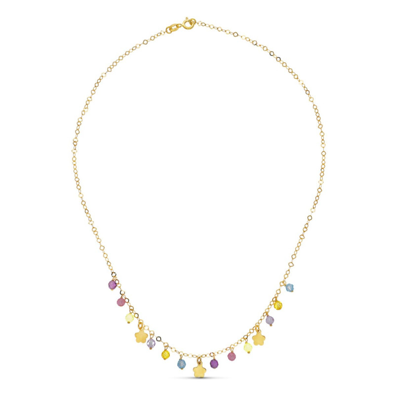 18K GARGANTILLA ORO AMARILLO FLORES Y PIEDRAS COLORES
