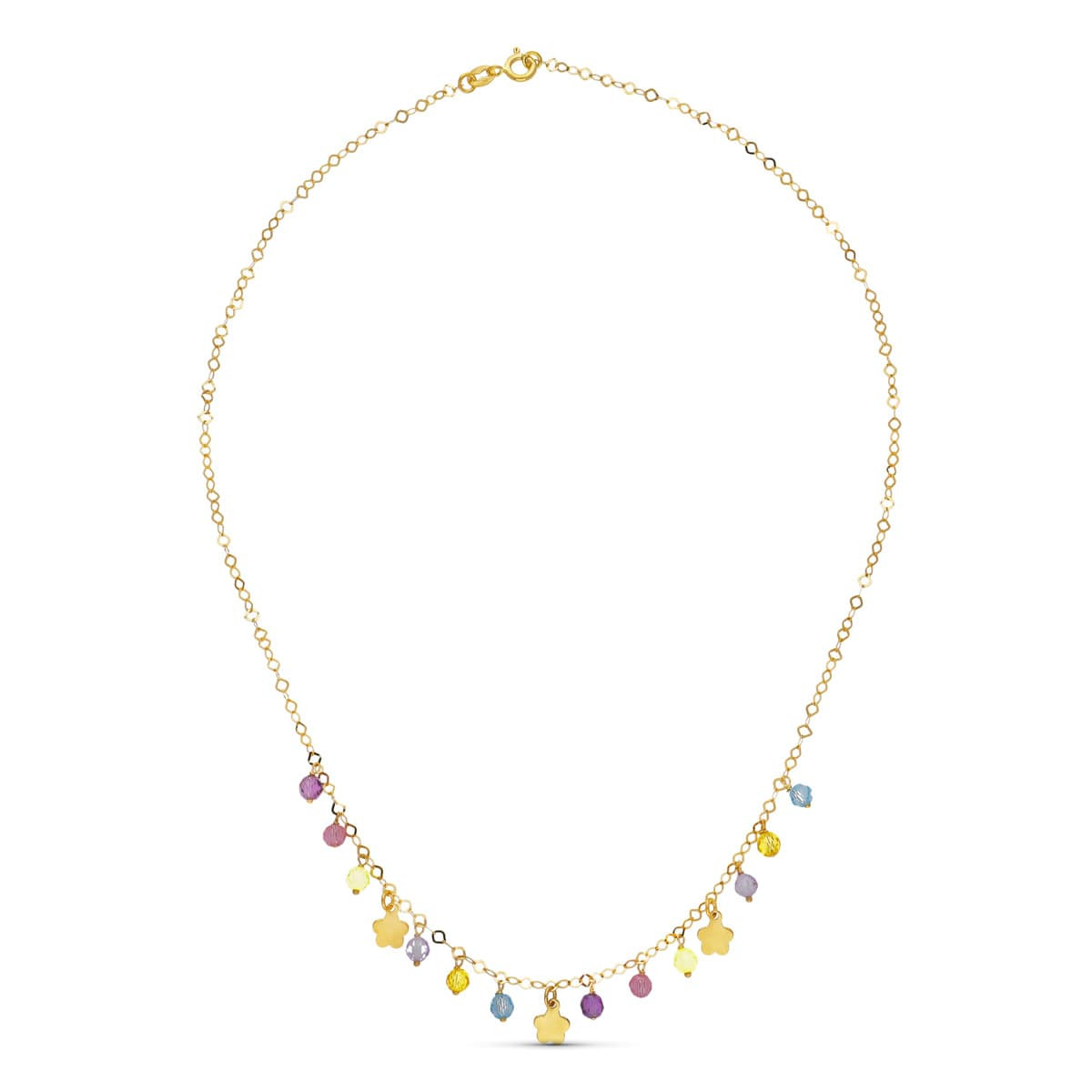 18K GARGANTILLA ORO AMARILLO FLORES Y PIEDRAS COLORES