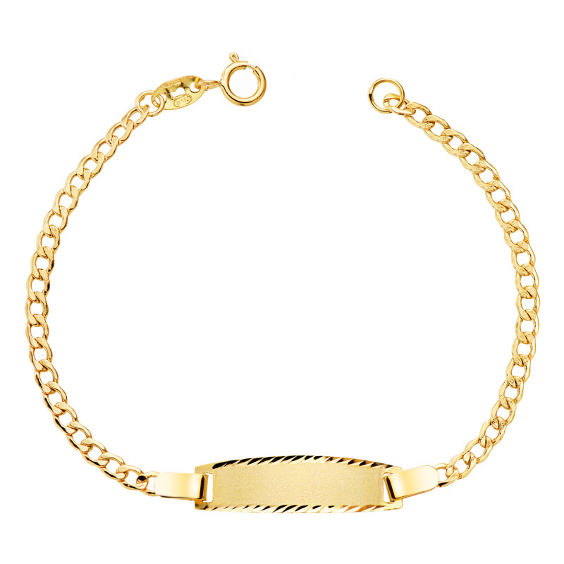 18K ESCLAVA ORO AMARILLO BARBADA HUECA. ANCHO: 2,5MM. PLACA CHAPA: 22X6MM. LARGO 14-5 CM