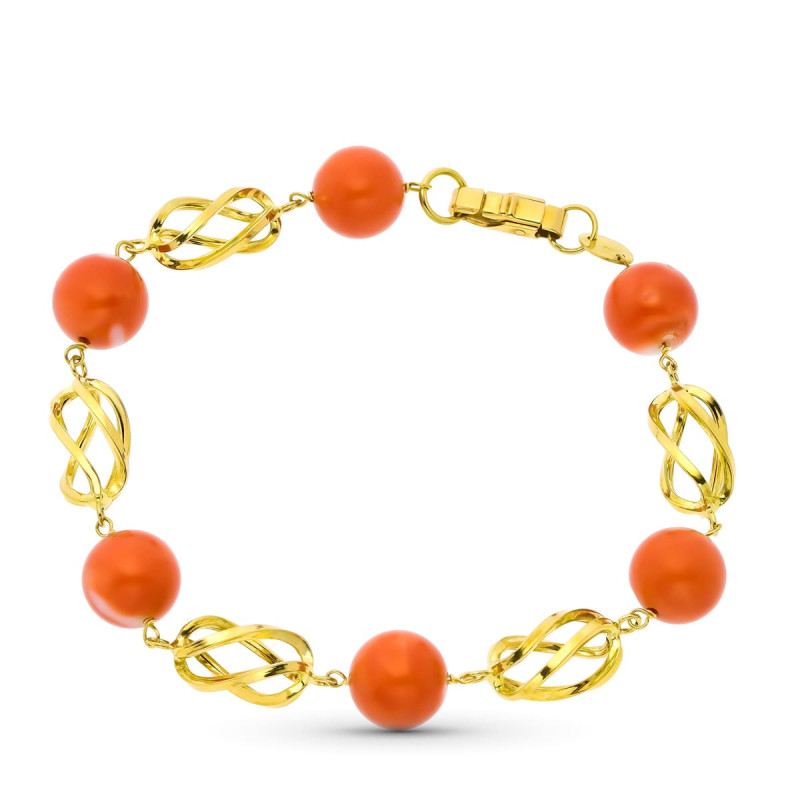 18K PULSERA ORO AMARILLO JAULAS Y CORAL FINO JAPONES 10.5 MM 20CM