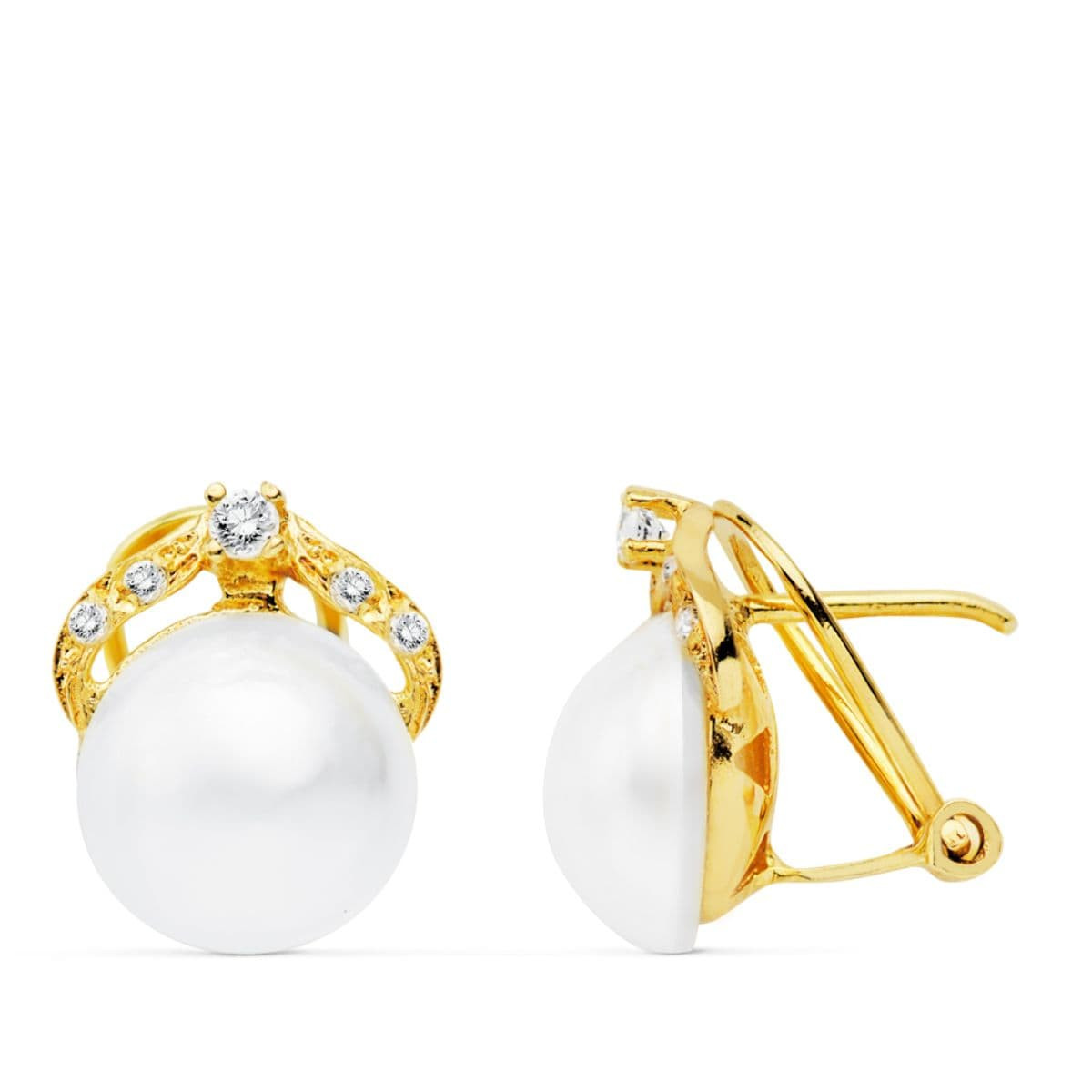 18K PENDIENTES ORO AMARILLO PERLA JAPONESAS 13X11 MM CIERRE OMEGA