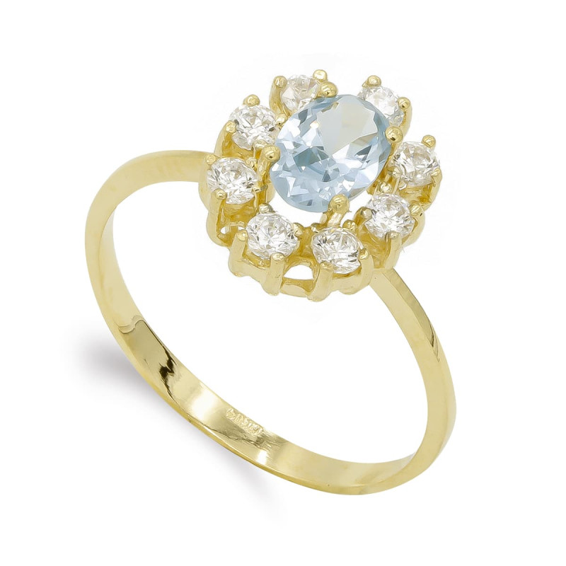 18K SORTIJA ORO AMARILLO CUAJO AGUAMARINA Y CIRCONITAS. ANCHO: 12MM
