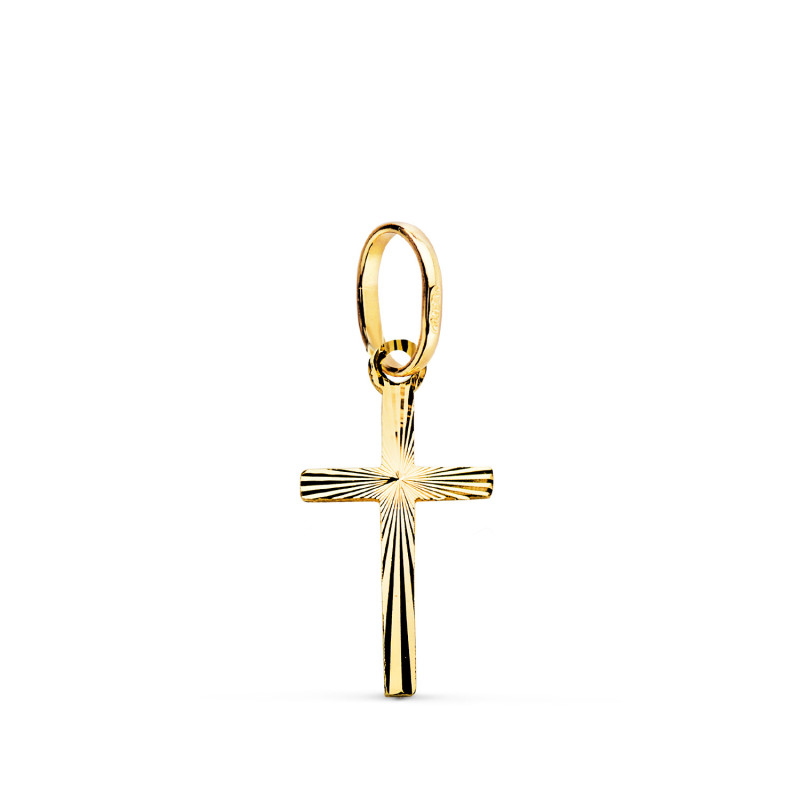 18K CRUZ ORO AMARILLO MINI TALLADA. MEDIDA: 16 X 8 MM. GROSOR: 0,5 MM