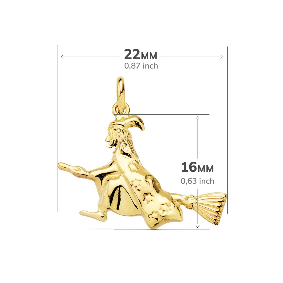 18K COLGANTE AMULETO ORO AMARILLO BRUJA 22X16 MM