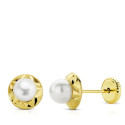 9K PENDIENTES ORO AMARILLO ORLA TALLADA PERLA 4 MM DIAMETRO 6 MM CIERRE TUERCA