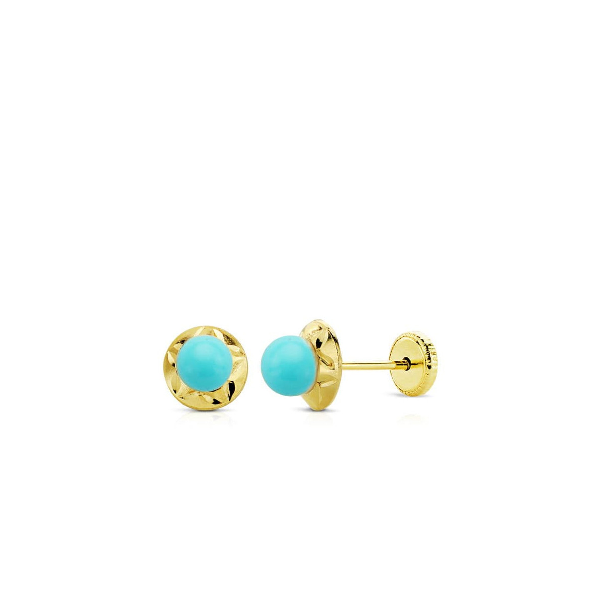 9K PENDIENTES ORO AMARILLO TUERCA TURQUESA ORLA 6 MM