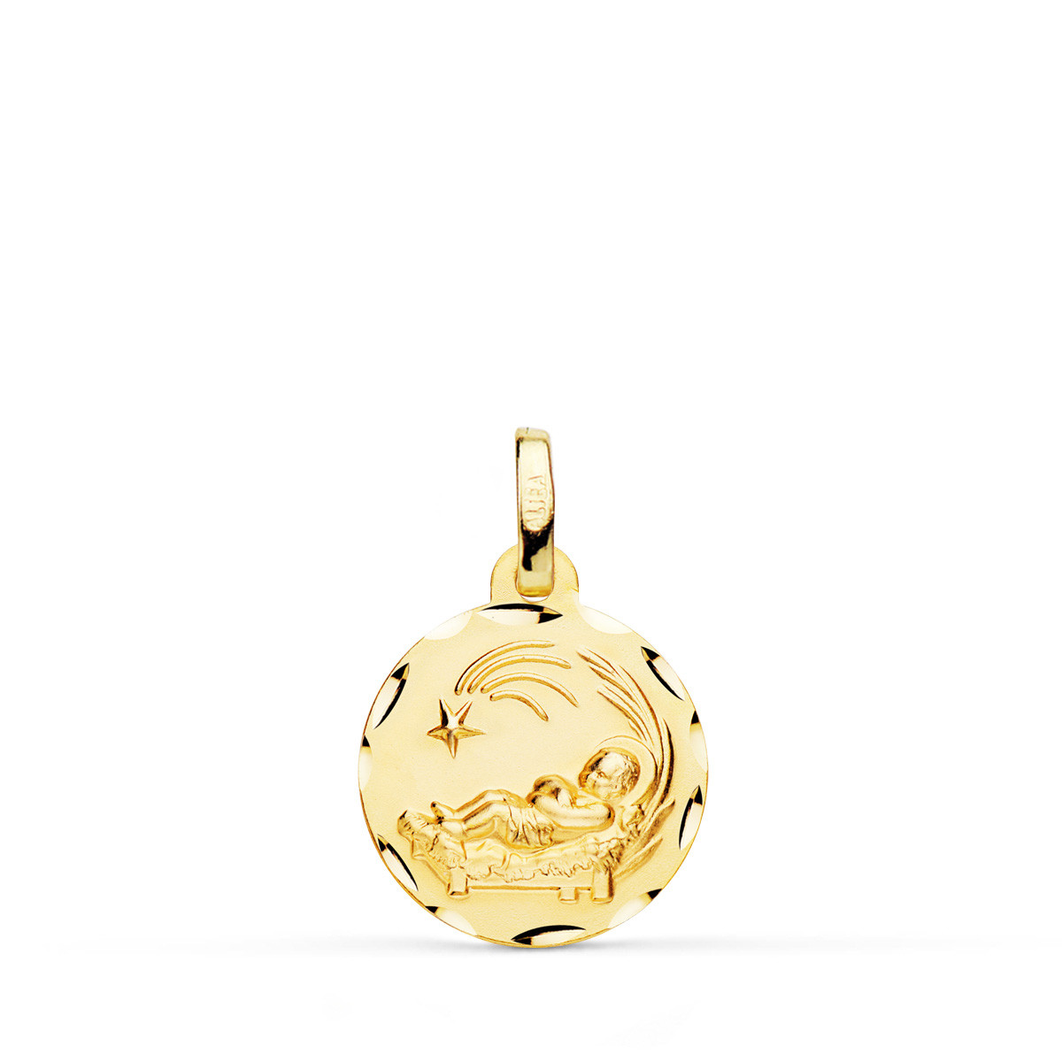 9K MEDALLA ORO AMARILLO NIÑO DEL PESEBRE TALLADA 14 MM