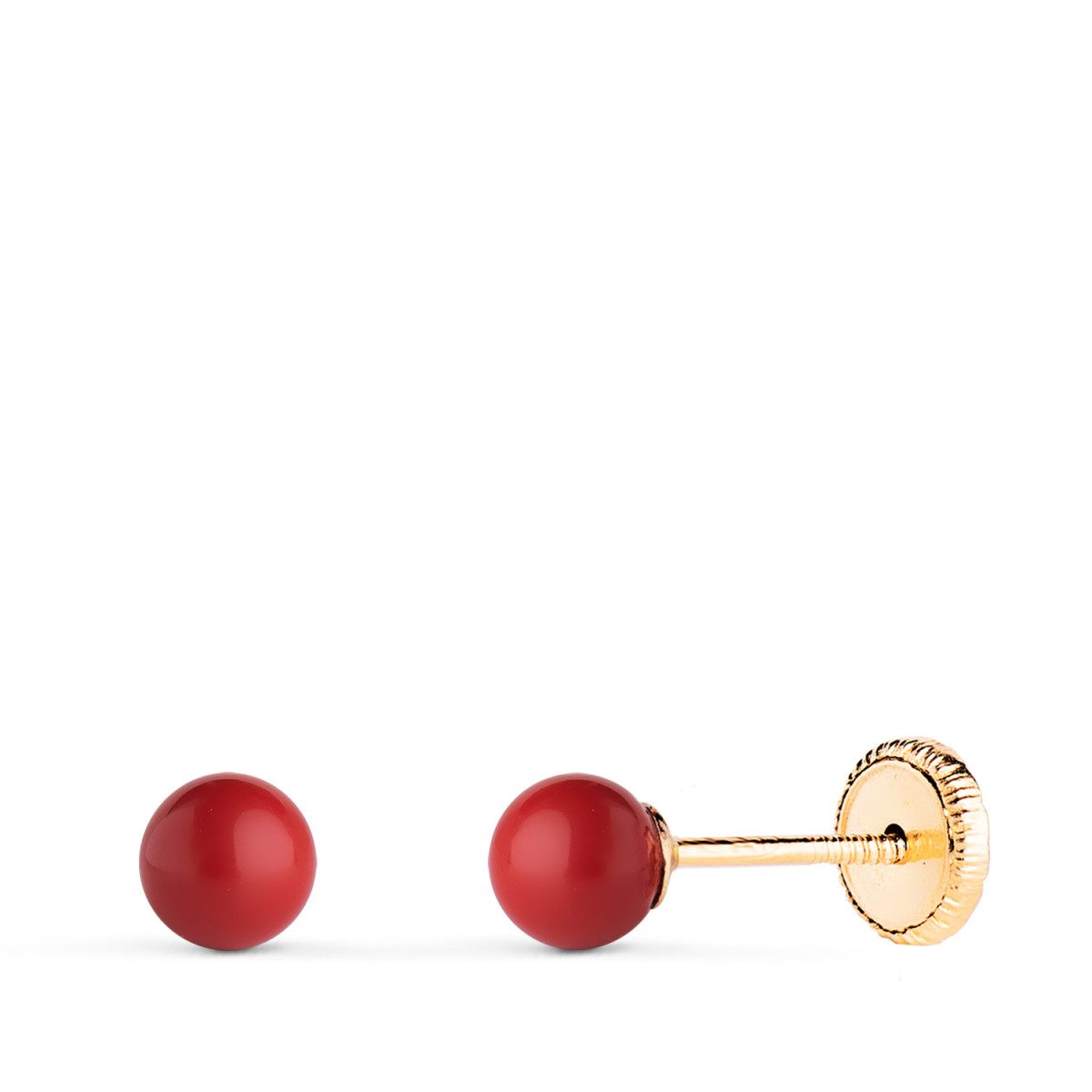 9K PENDIENTES ORO AMARILLO CORAL SINTETICO REDONDO 4 MM. CIERRE TUERCA