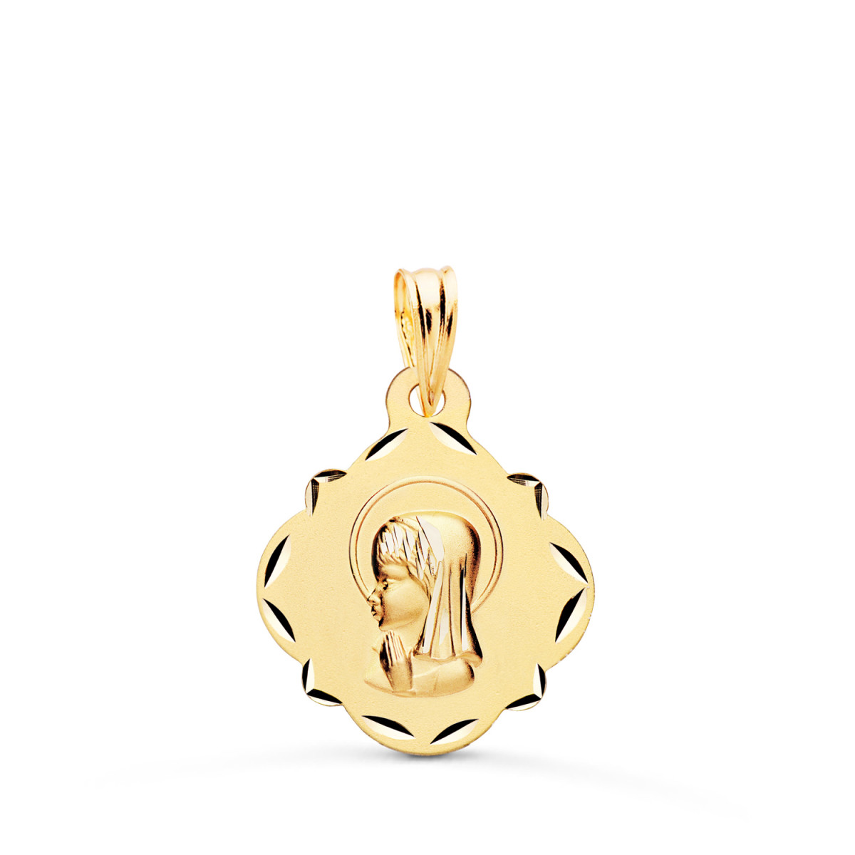 9K MEDALLA ORO AMARILLO VIRGEN NIÑA PERFIL PANDERETA TALLADA. MEDIDA: 19 X 16 MM