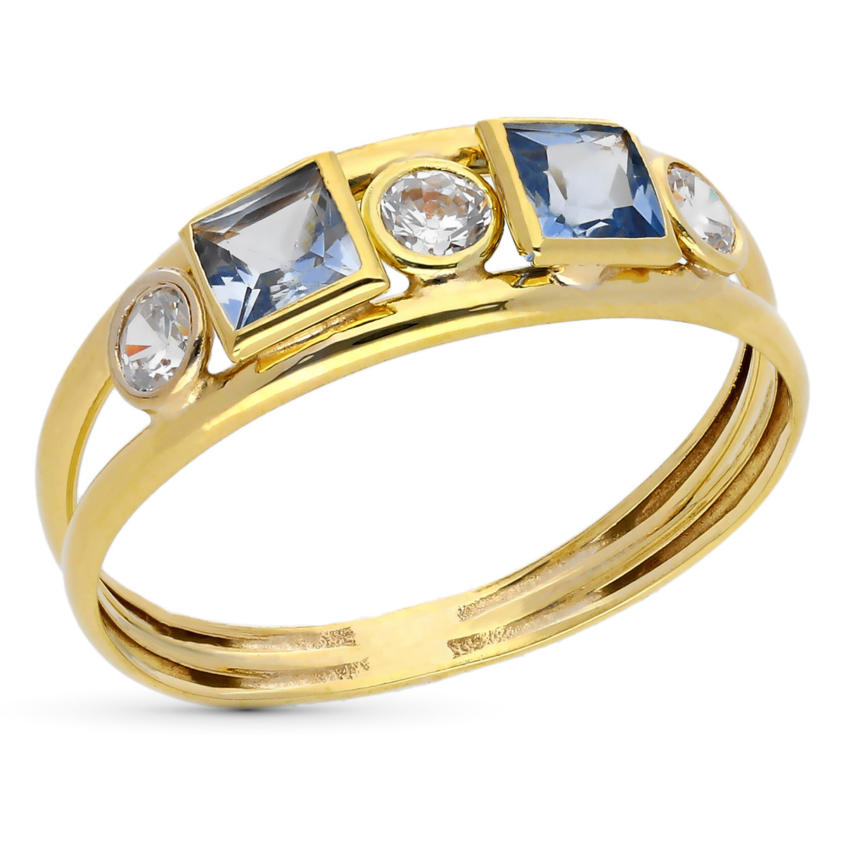 9K SORTIJA ORO AMARILLO DOBLE CUERPO CON CIRCONITAS BLANCAS Y COLOR AGUAMARINA. ANCHO: 4 MM