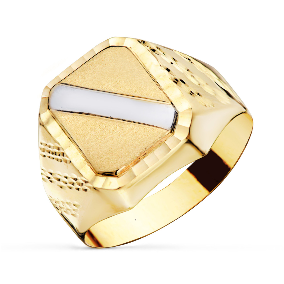 9K SELLO ORO AMARILLO CABALLERO HUECO BANDA ORO BLANCO LATERAL TALLADO. MEDIDA: 16X14 MM