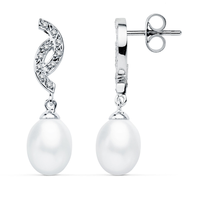9K PENDIENTES ORO BLANCO PERLA 30X9 MM CIERRE PRESION