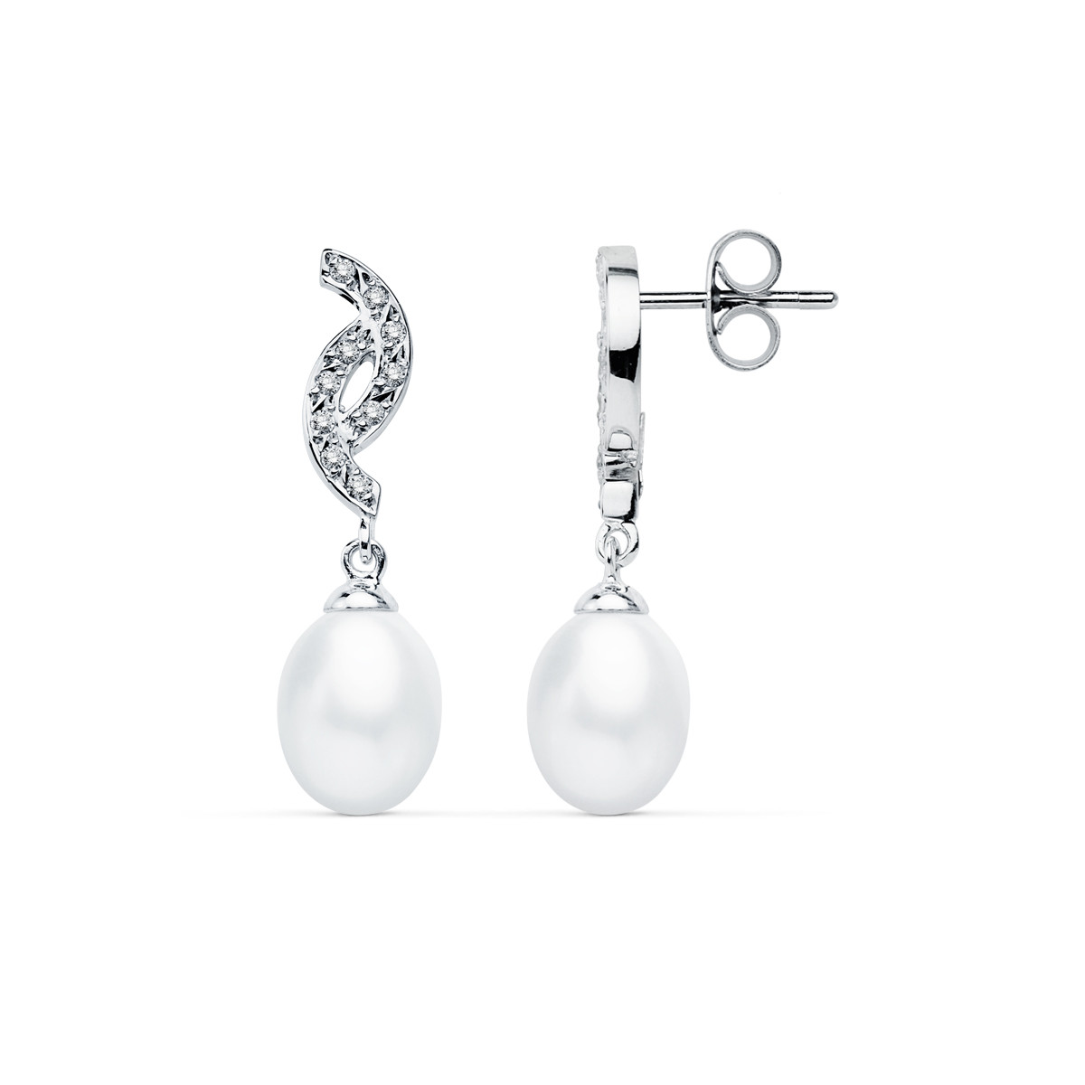 9K PENDIENTES ORO BLANCO PERLA 30X9 MM CIERRE PRESION