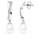 9K PENDIENTES ORO BLANCO PERLA 32X7 MM CIERRE PRESION