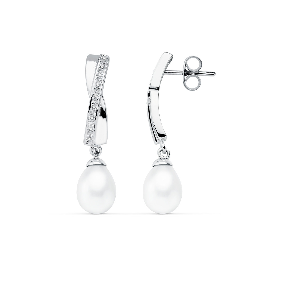 9K PENDIENTES ORO BLANCO PERLA 32X7 MM CIERRE PRESION
