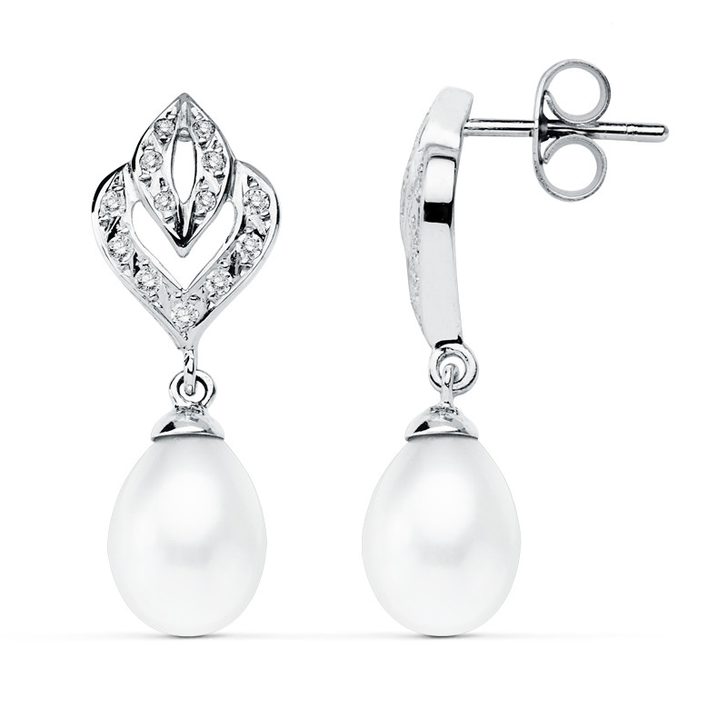 9K PENDIENTES ORO BLANCO PERLA 28X10 MM CIERRE PRESION