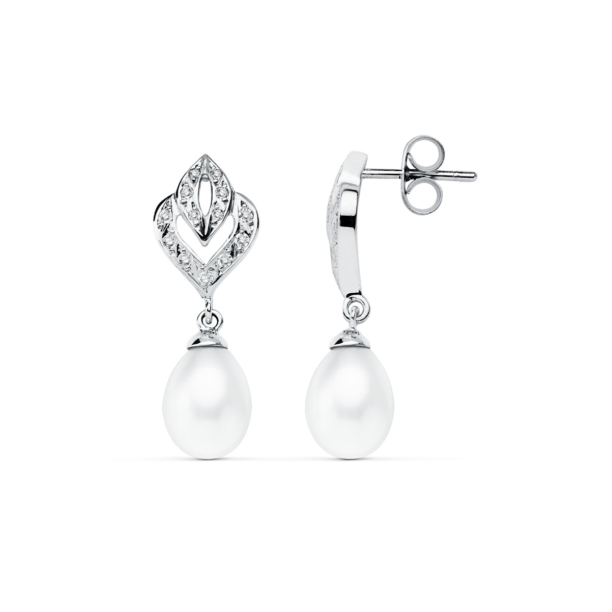 9K PENDIENTES ORO BLANCO PERLA 28X10 MM CIERRE PRESION