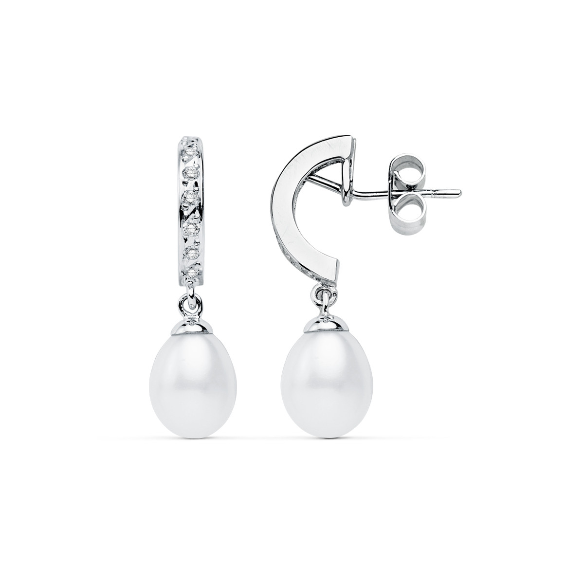 9K PENDIENTES ORO BLANCO PERLA 28X8 MM CIERRE PRESION