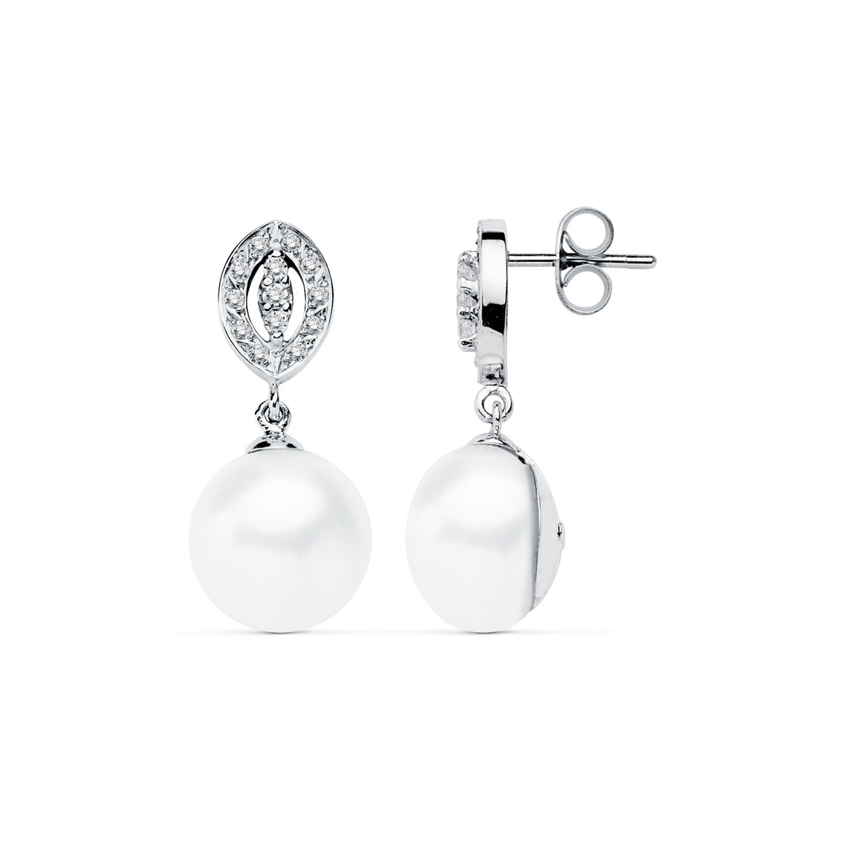 9K PENDIENTES ORO BLANCO PERLA 27X11 MM CIERRE PRESION