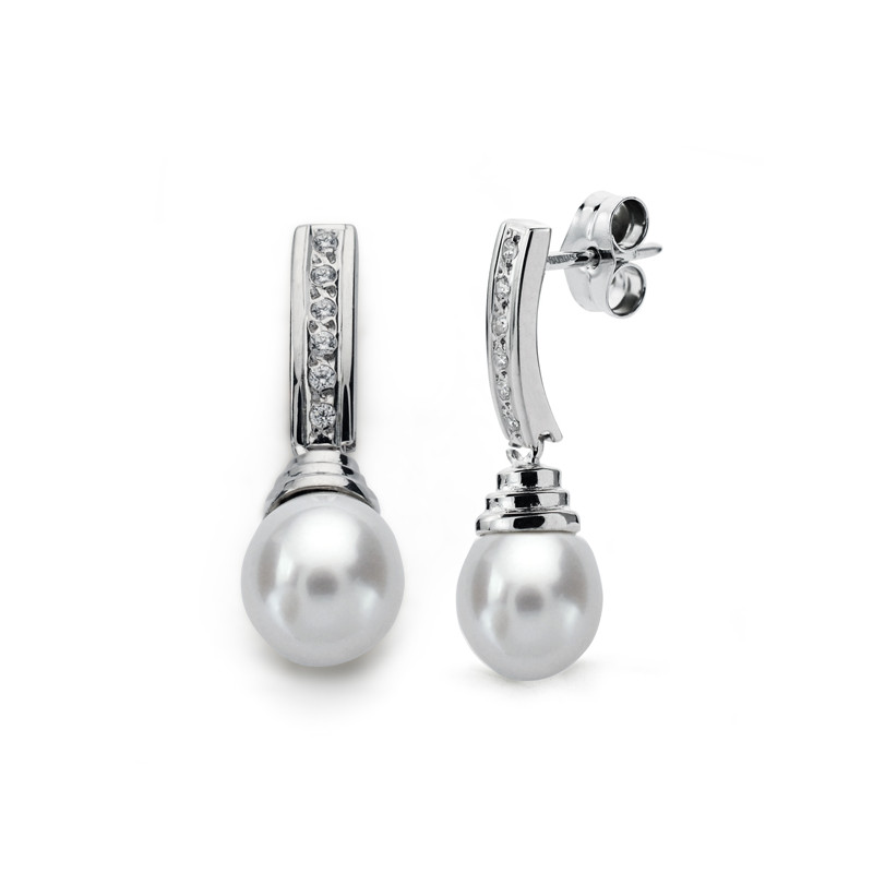 9K PENDIENTES ORO BLANCO PERLA 24X7 MM CIERRE PRESION