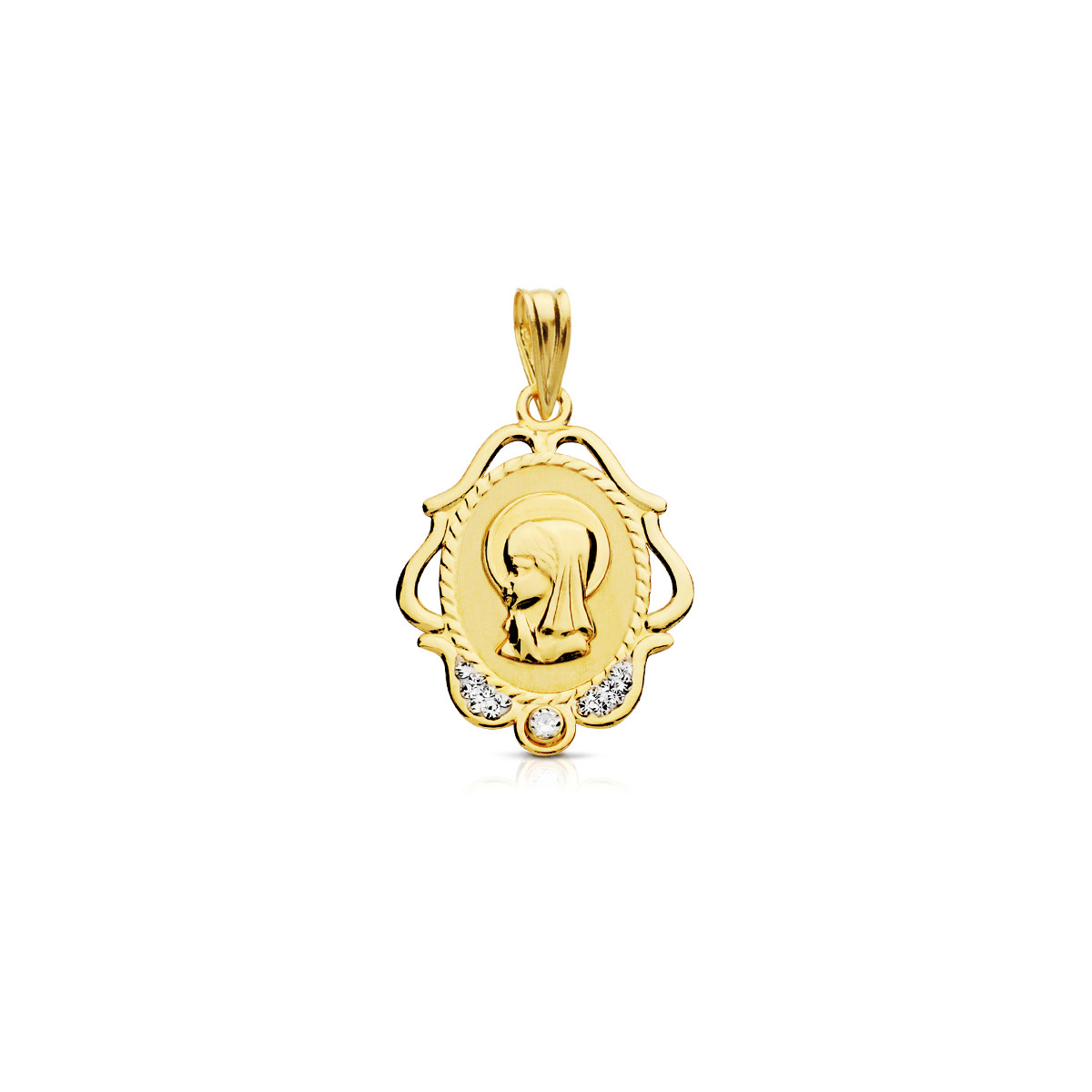 9K MEDALLA ORO AMARILLO VIRGEN NIÑA CERCO CALADO CIRCONITA 22X16 MM