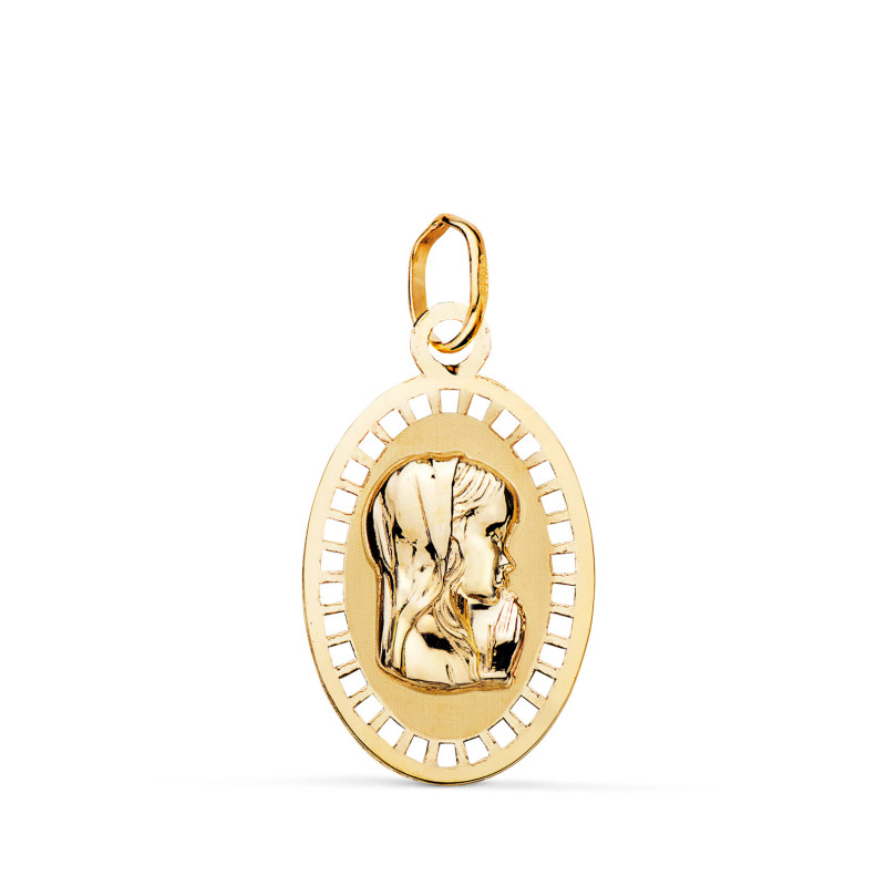 9K MEDALLA ORO AMARILLO VIRGEN NIÑA OVAL CALADA MATE Y BRILLO. MEDIDA: 19 x 12 MM