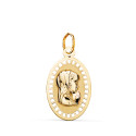 9K MEDALLA ORO AMARILLO VIRGEN NIÑA OVAL CALADA MATE Y BRILLO. MEDIDA: 19 x 12 MM
