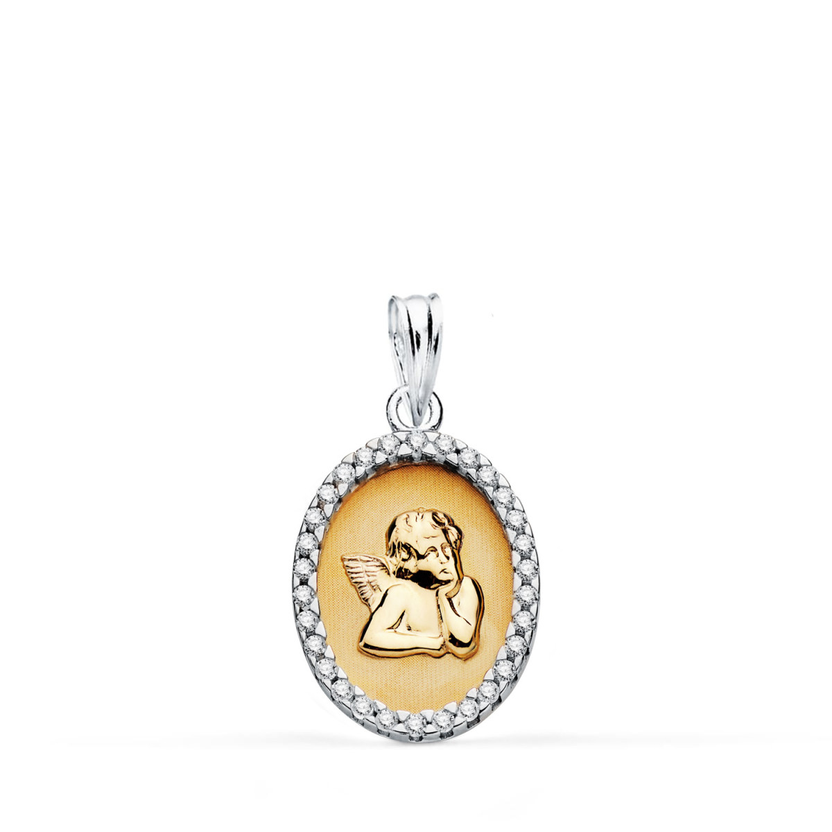9K MEDALLA ORO BICOLOR OVAL CON ANGELITO EN CERCO CON CIRCONITAS. MEDIDA: 19 X 13 MM