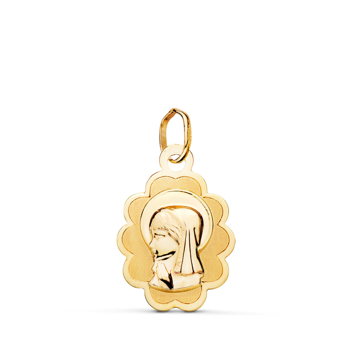 9K MEDALLA ORO AMARILLO VIRGEN NIÑA NUBE MATE Y BRILLO. MEDIDA: 18 X 12 MM