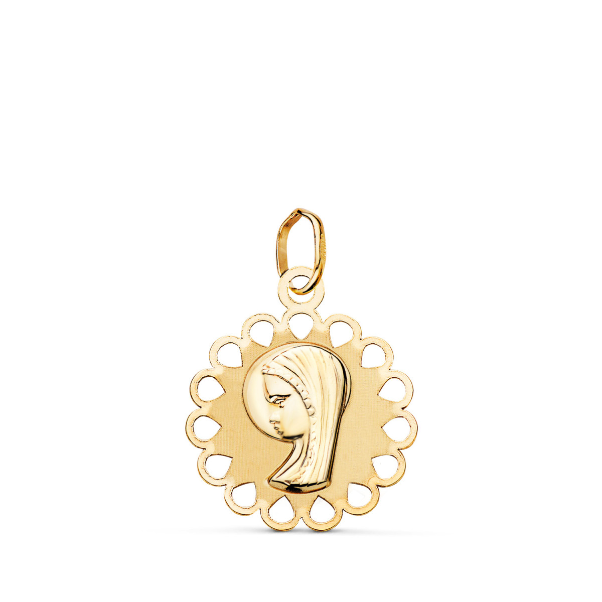 9K MEDALLA ORO AMARILLO VIRGEN NIÑA REDONDA CALADA MATE Y BRILLO. MEDIDA: 18 X 15 MM