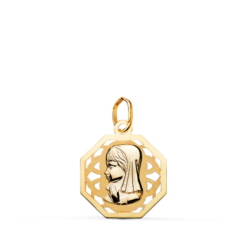 9K MEDALLA ORO AMARILLO VIRGEN NIÑA OCTOGONAL CALADA MATE Y BRILLO. MEDIDA: 17 X 15 MM