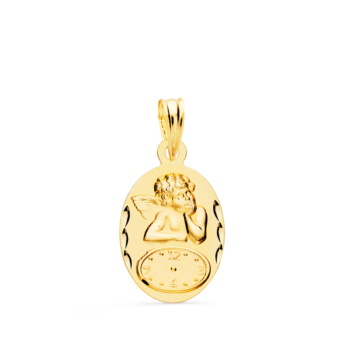 9K MEDALLA ORO AMARILLO OVAL ANGELITO BURLON CON RELOJ TALLADA 19X12 MM
