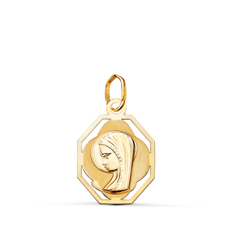9K MEDALLA ORO AMARILLO VIRGEN NIÑA OCTOGONAL CALADA MATE Y BRILLO. MEDIDA: 18 X 12,5 MM