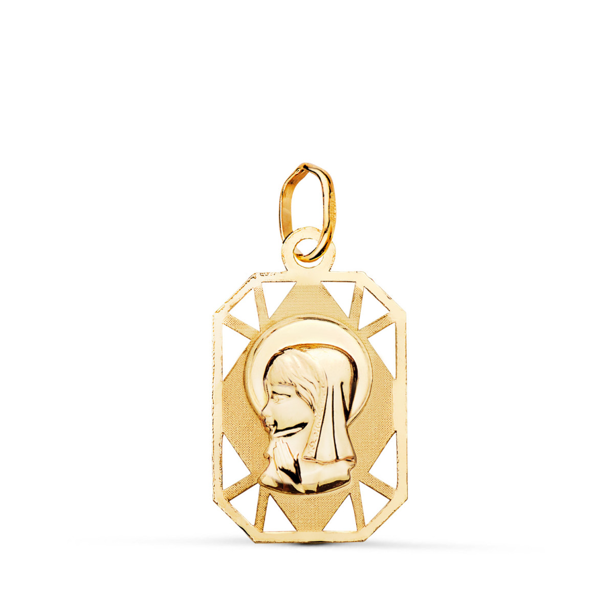 9K MEDALLA ORO AMARILLO VIRGEN NIÑA RECTANGULAR CALADA MATE Y BRILLO. MEDIDA: 19 X 12 MM