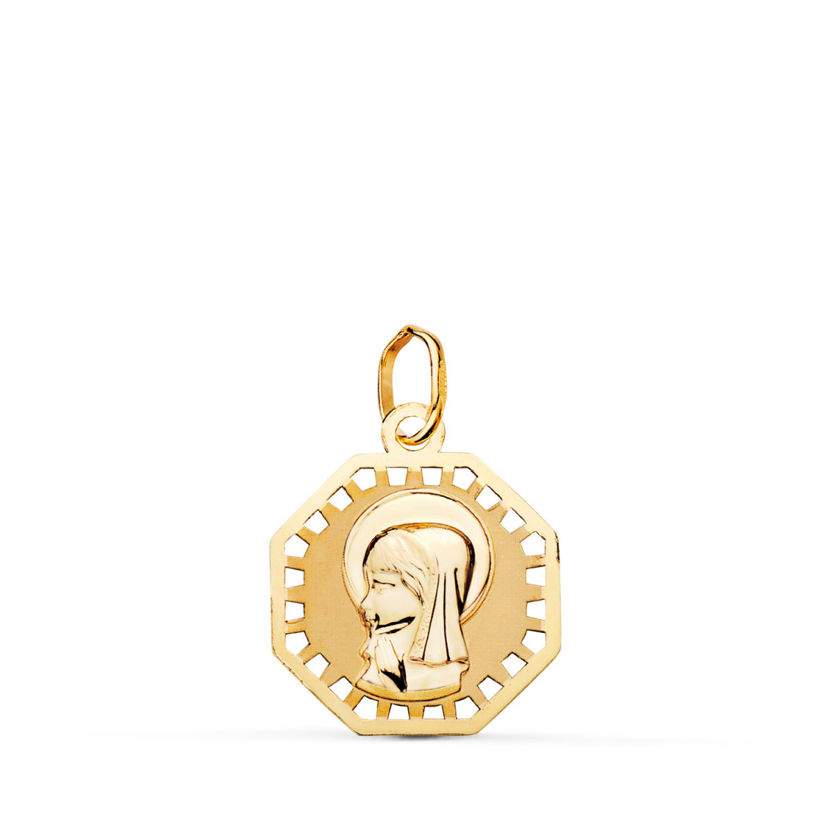 9K MEDALLA ORO AMARILLO VIRGEN NIÑA OCTOGONAL CALADA MATE Y BRILLO. MEDIDA: 17 X 15 MM