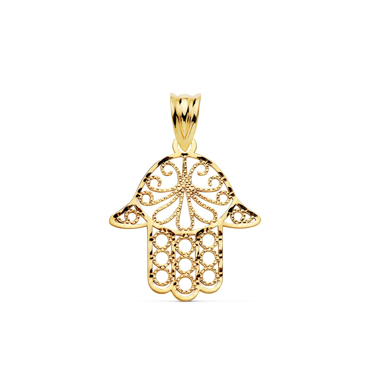 9K COLGANTE ORO AMARILLO MANO DE FATIMA TALLADA. MEDIDA: 20 X 18 MM