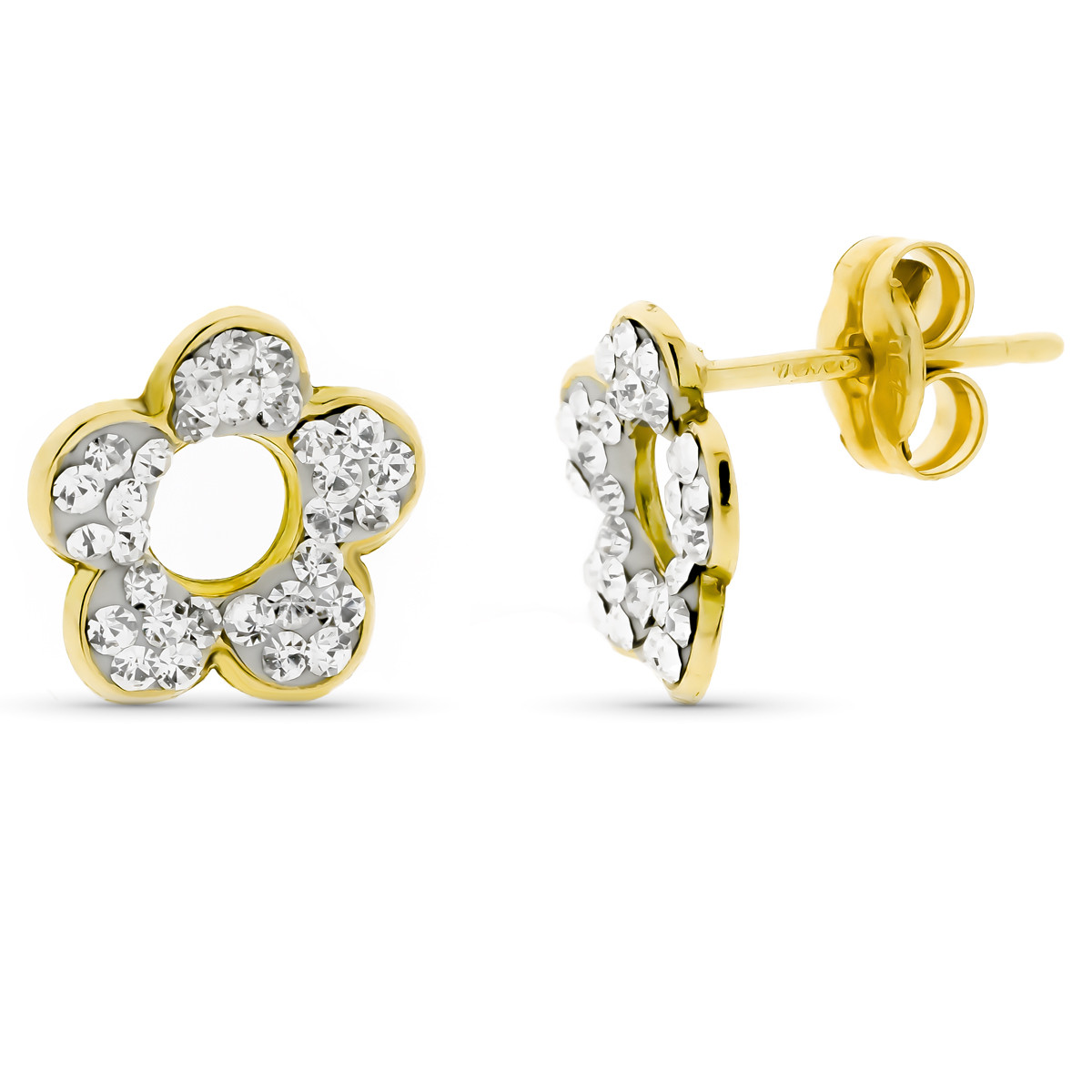 9K PENDIENTES ORO AMARILLO FLOR PIEDRAS 9X9MM CIERRE PRESION
