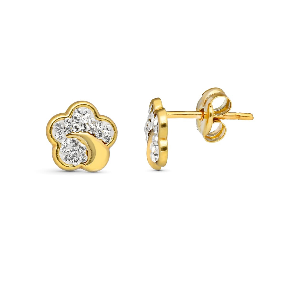 9K PENDIENTES ORO AMARILLO MARGARITA CON CIRCONITAS 8X8 MM. CIERRE PRESION