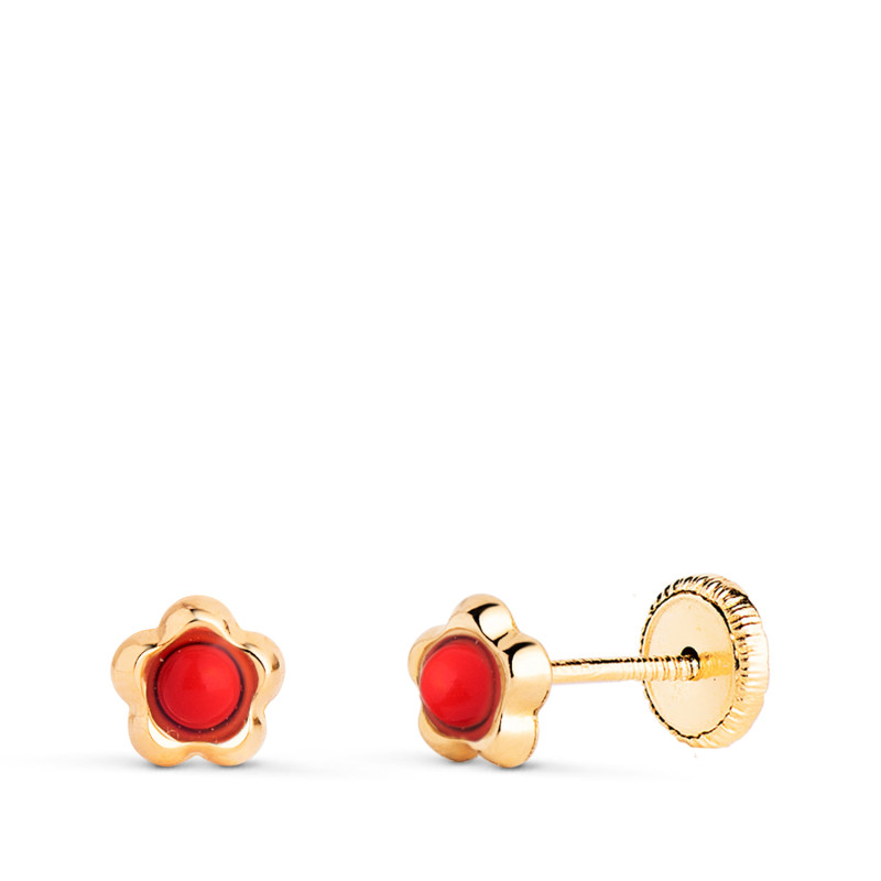9K PENDIENTES ORO AMARILLO FLOR CON CORAL DE 2,4MM. MEDIDA: 5,3 X 5MM. CIERRE TUERCA