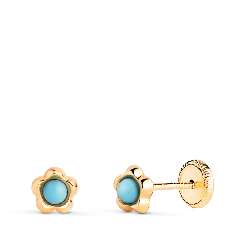 9K PENDIENTES ORO AMARILLO FLOR CON TURQUESAS DE 2,4MM. MEDIDA: 5,3 X 5MM. CIERRE TUERCA