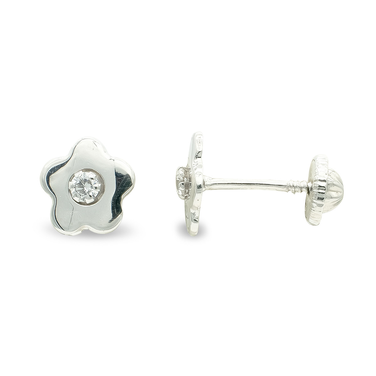 9K PENDIENTES ORO BLANCO FLOR 7 MM CIRCONITA TUERCA CIERRE TUERCA
