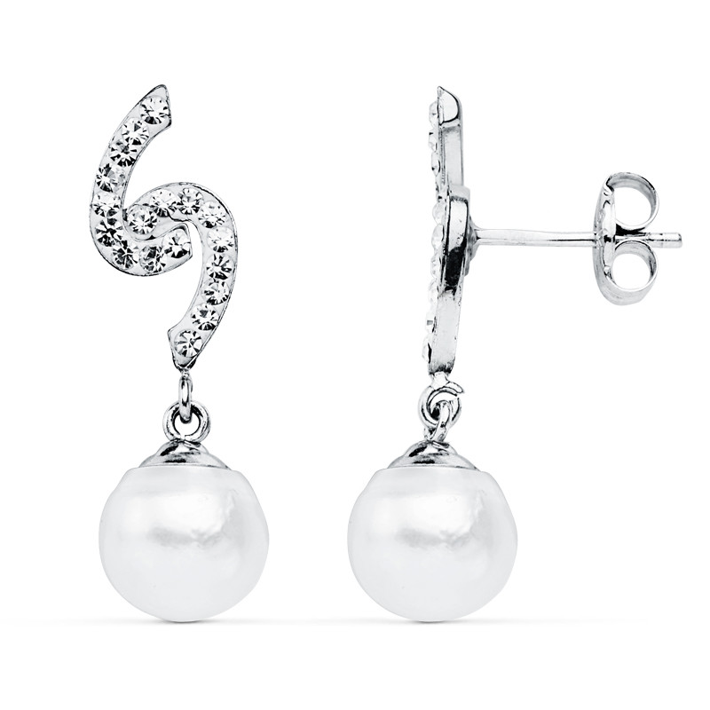 9K PENDIENTES ORO BLANCO PERLA 8 MM 24X6 MM CIERRE PRESION