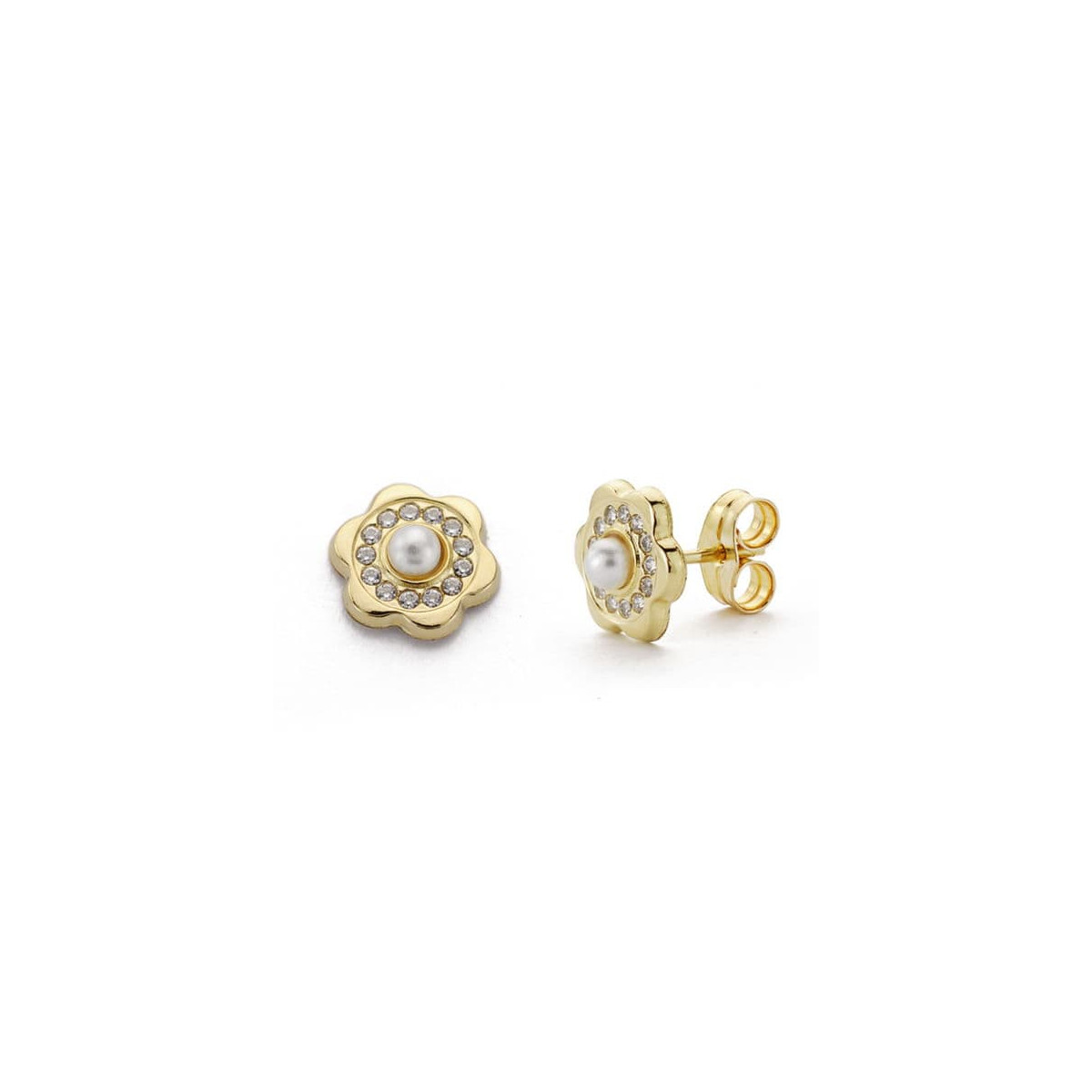 9K PENDIENTES ORO AMARILLO FLOR Y PERLA 8X8 MM CIERRE PRESION