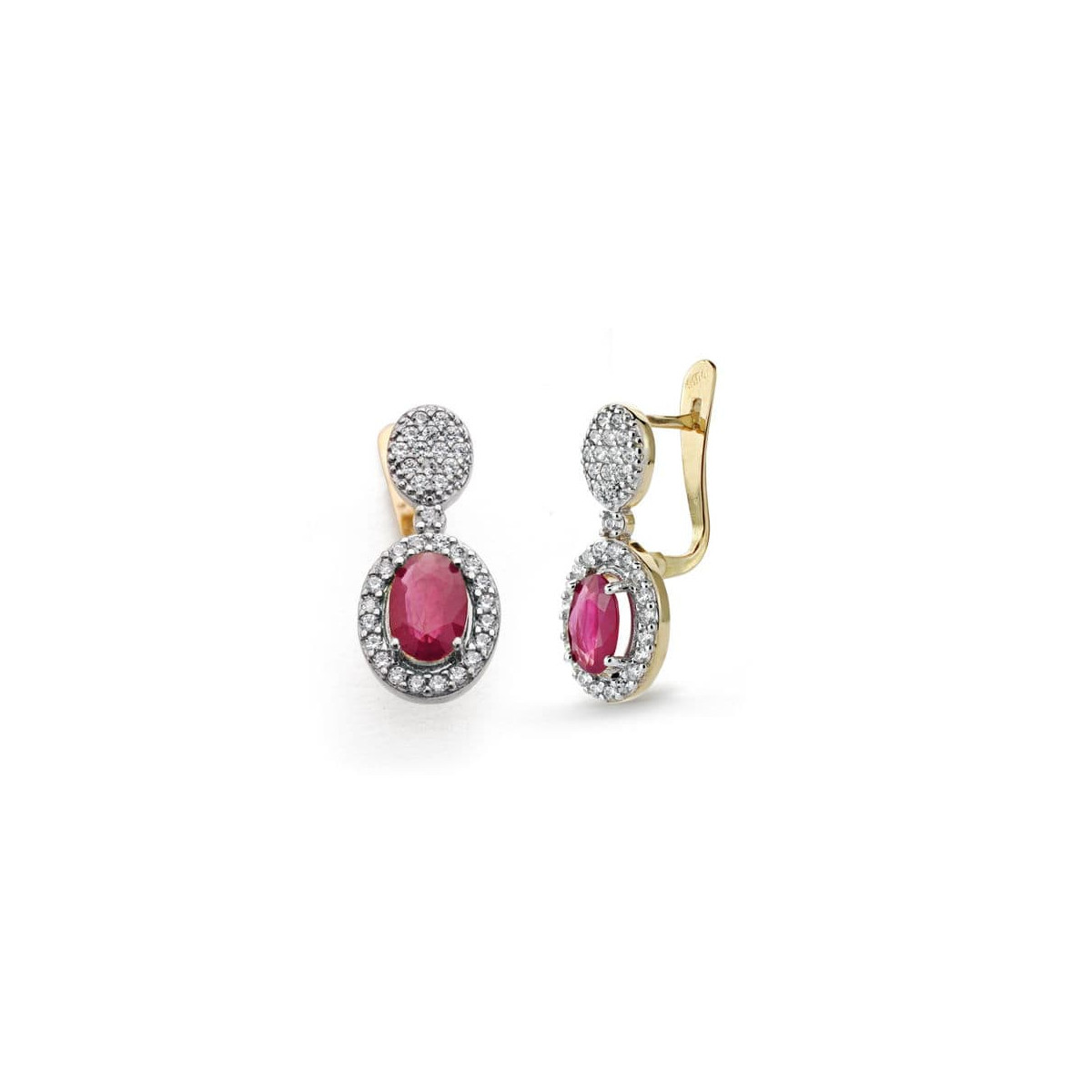 9K PENDIENTES ORO BICOLOR RUBI FINO 0.96 QT Y CIRCONITA 18X8 MM CIERRE CATALAN