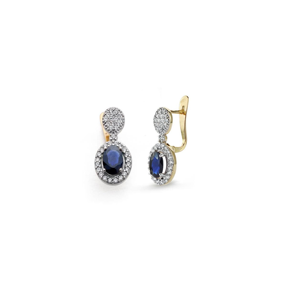 9K PENDIENTES ORO BICOLOR ZAFIRO AZUL 1.24 QT Y CIRCONITA 18X8 MM CIERRE CATALAN