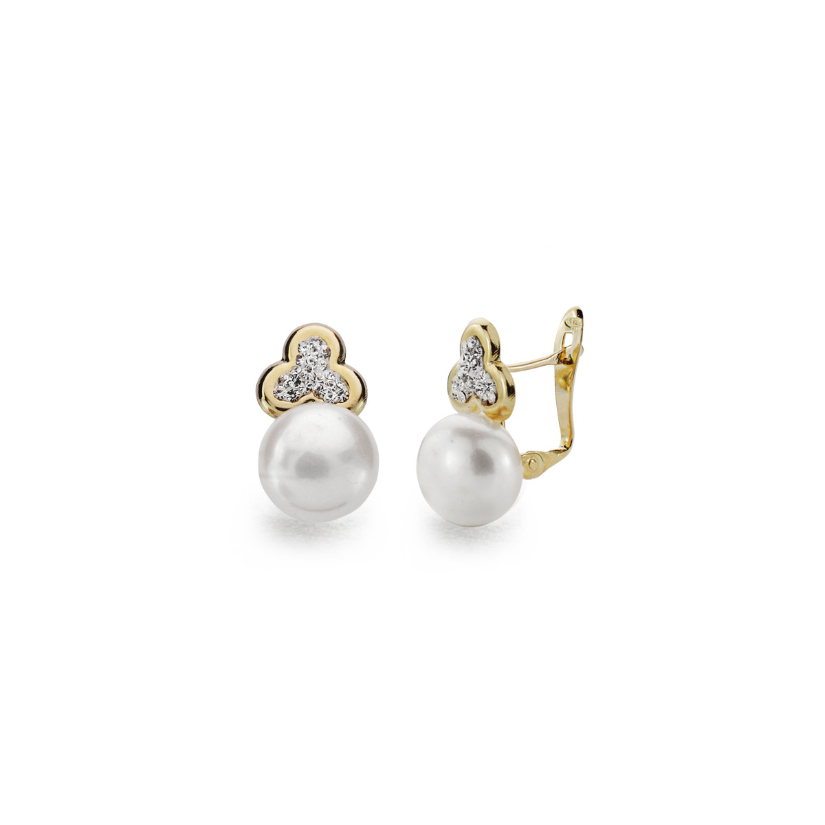 9K PENDIENTES ORO AMARILLO TREBOL Y PERLA 16X9 MM CIERRE CATALAN