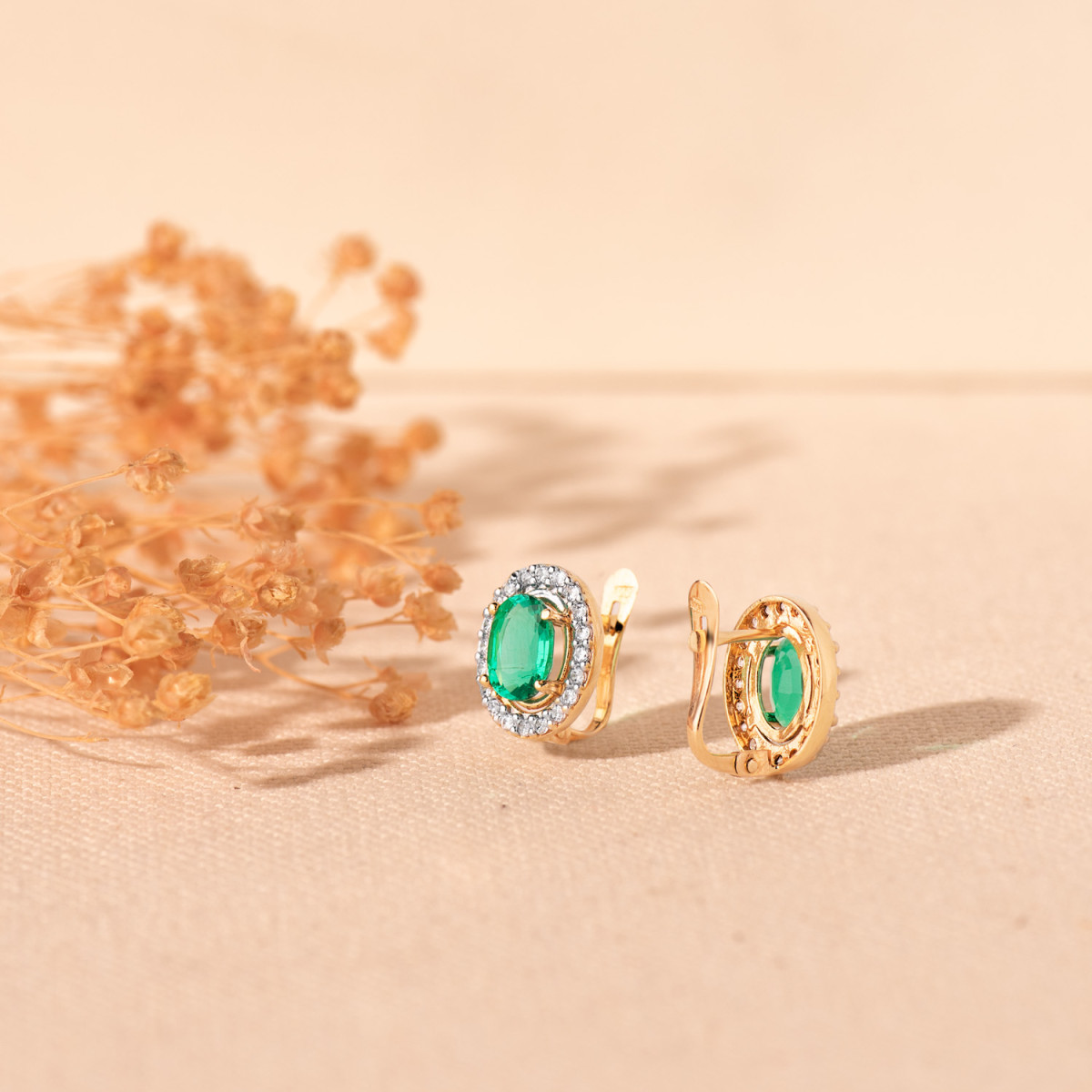 9K PENDIENTES CIRCONITAS Y ESMERALDA  6X4 MM