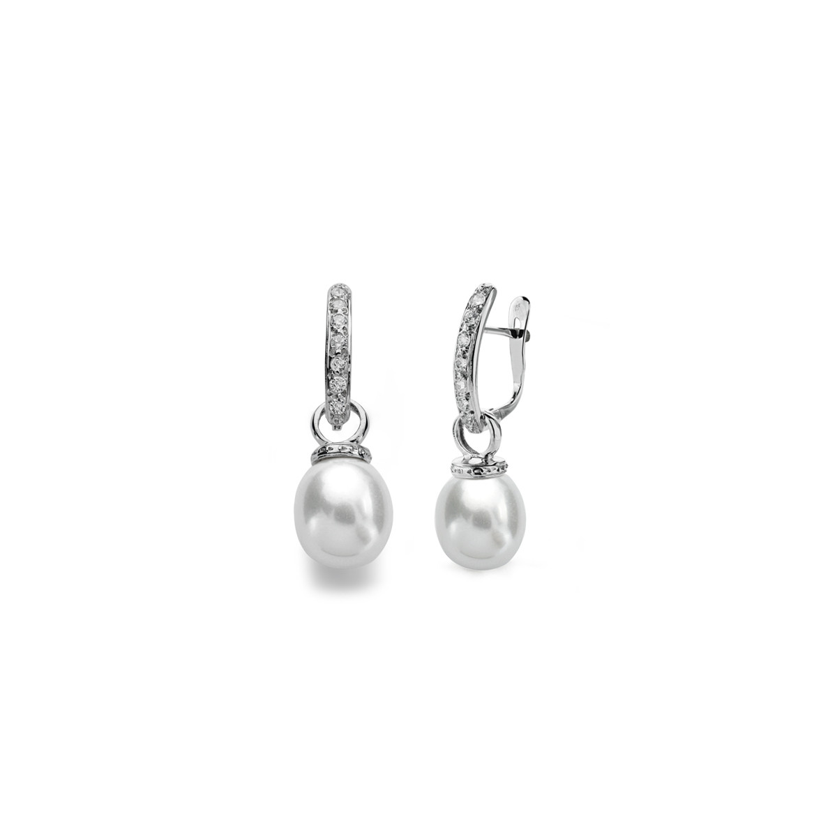 9K PENDIENTES ORO BLANCO PERLA 28X9 MM CIERRE CATALAN