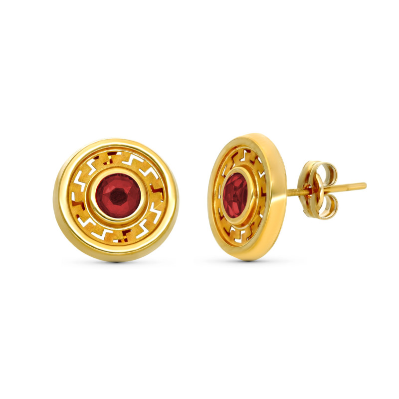 9K PENDIENTES ORO AMARILLO 11MM PIEDRA ROJA CIERRE PRESION