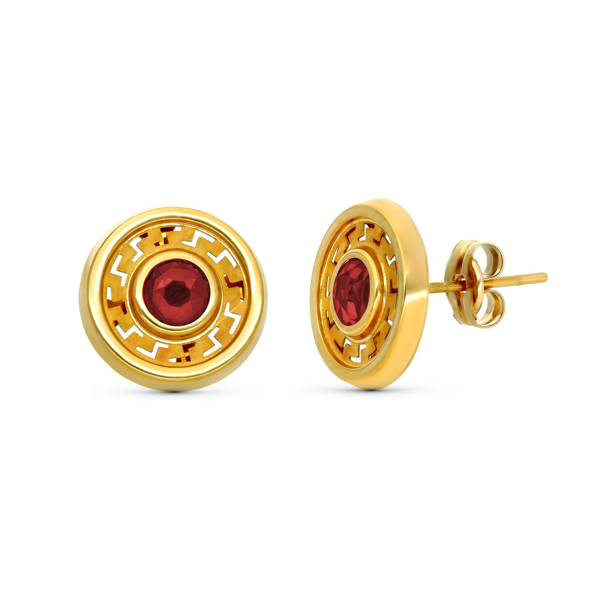 9K PENDIENTES ORO AMARILLO 11MM PIEDRA ROJA CIERRE PRESION